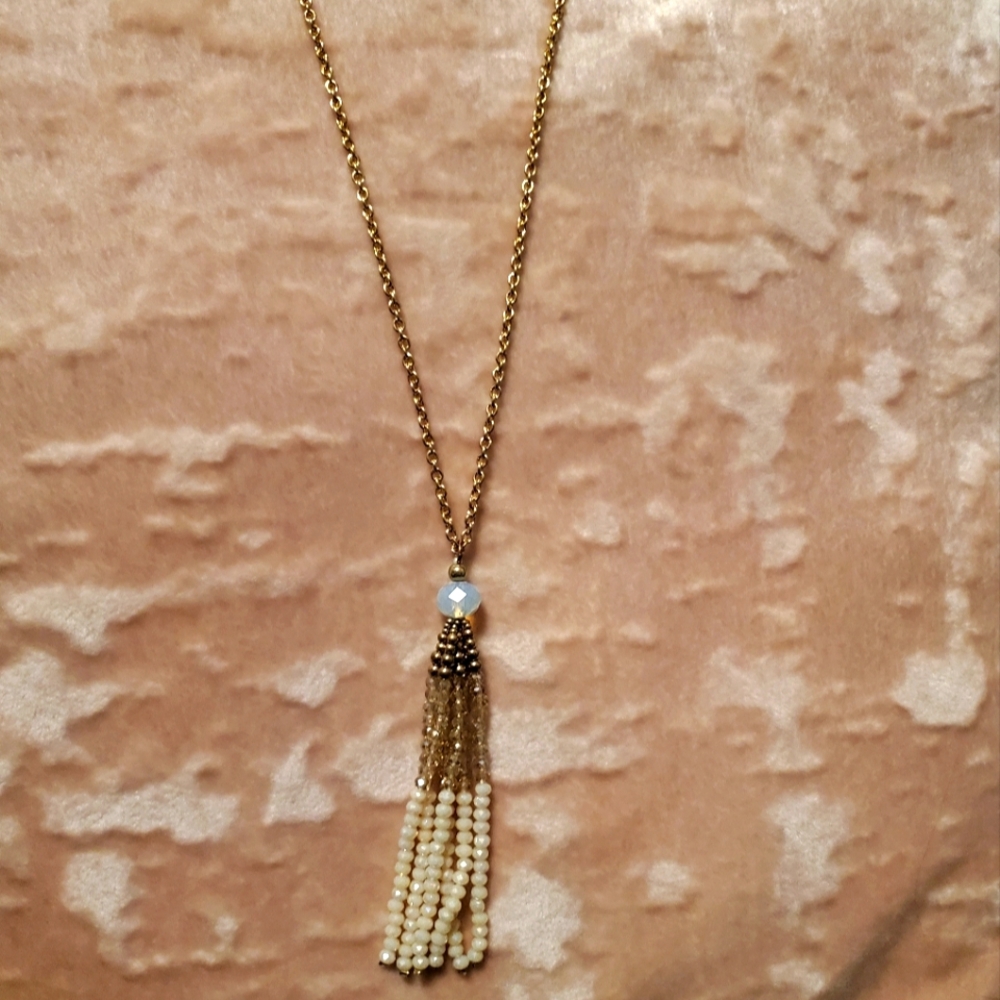 Statement Tassel Beaded Necklace Gold Iridescent Pearlescent Moonstone Long